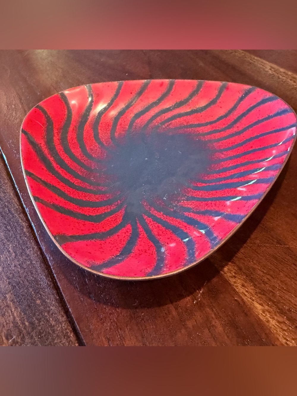 Enamel On Copper 6” Bowl Trinket Dish Red And Bkack signed Bulkeley 1980